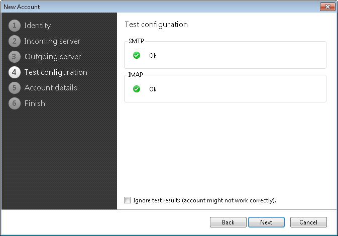 eM Client New Account Wizard Step 4 - Test Configuration eM Client New Account Wizard Step 4 - Test Configuration