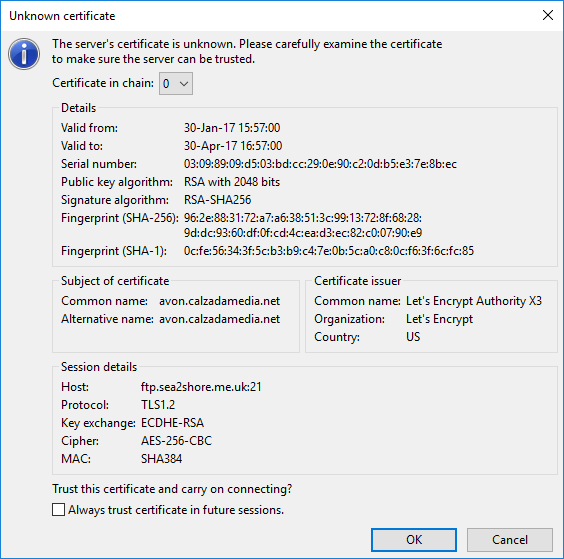 FileZilla Certificate Warning FileZilla Certificate Warning